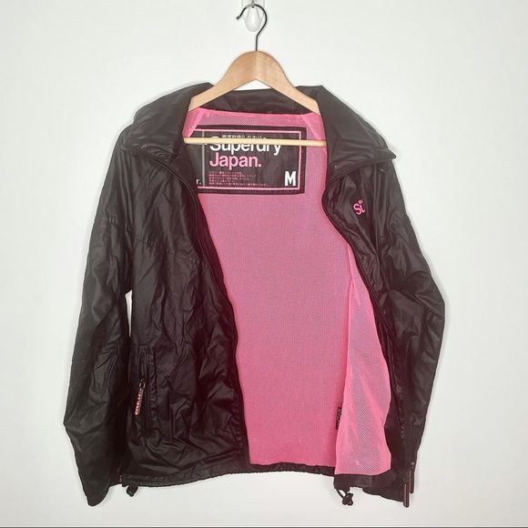 Superdry Japan Women's Zip Up Black Pink Windcheater Windbreaker Jacket Size M - Picture 9 of 10